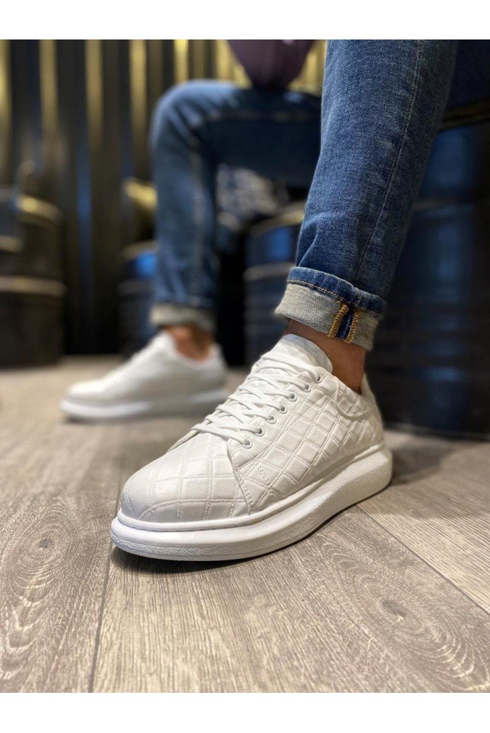 KN044 Erkek Günlük Bağcıklı Kapitone Desenli Cilt Spor Sneaker Ayakkabı CBT - Beyaz