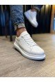 KN044 Erkek Günlük Bağcıklı Kapitone Desenli Cilt Spor Sneaker Ayakkabı CBT - Beyaz
