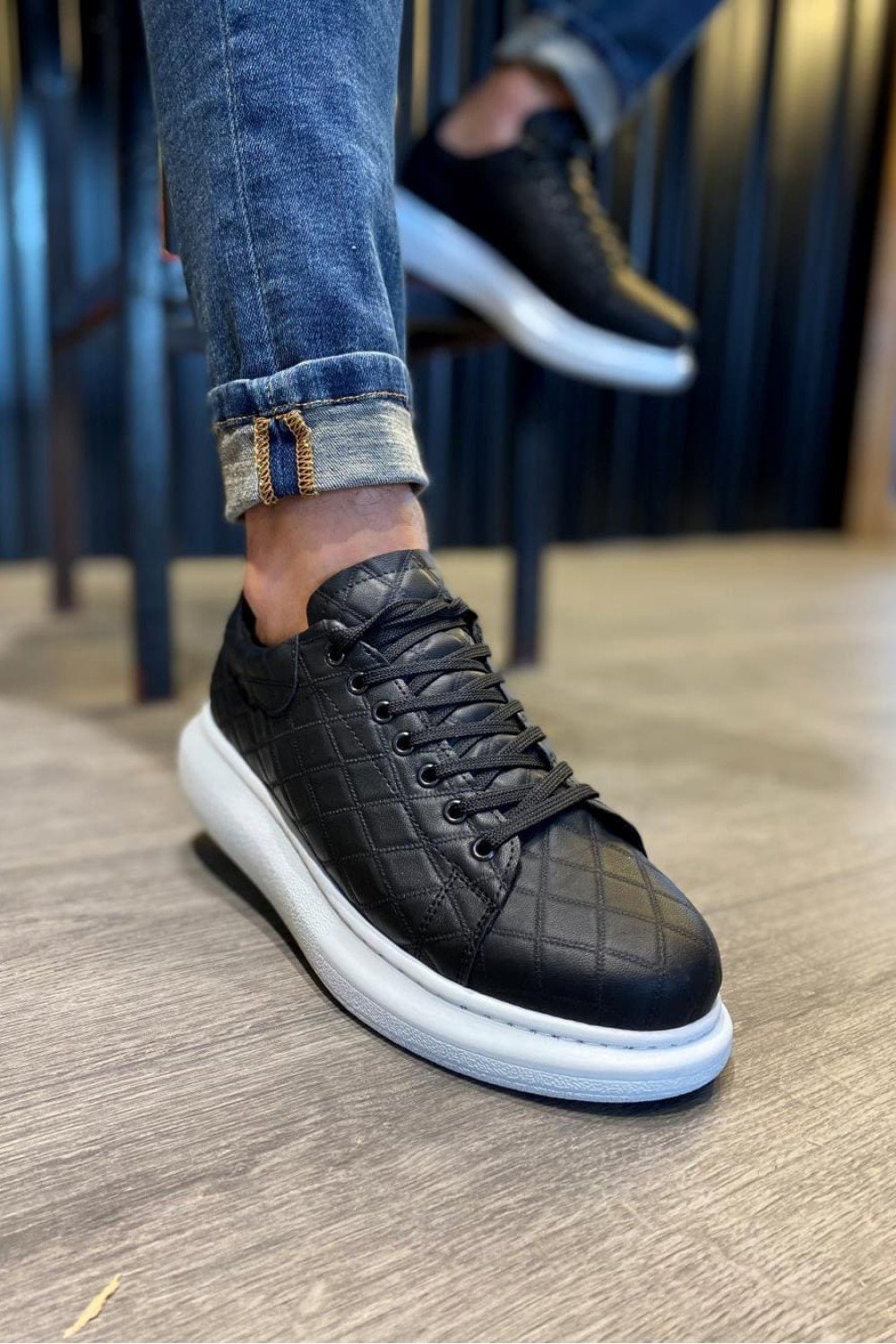 KN044 Erkek Günlük Bağcıklı Kapitone Desenli Cilt Spor Sneaker Ayakkabı CBT - Siyah – Knack Erkek Ayakkabı