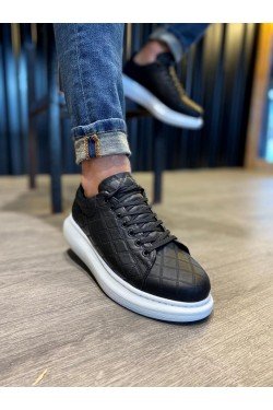 KN044 Erkek Günlük Bağcıklı Kapitone Desenli Cilt Spor Sneaker Ayakkabı CBT - Siyah