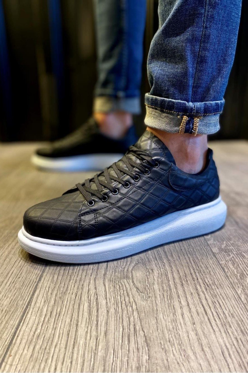 KN044 Erkek Günlük Bağcıklı Kapitone Desenli Cilt Spor Sneaker Ayakkabı CBT - Siyah – Knack Erkek Ayakkabı