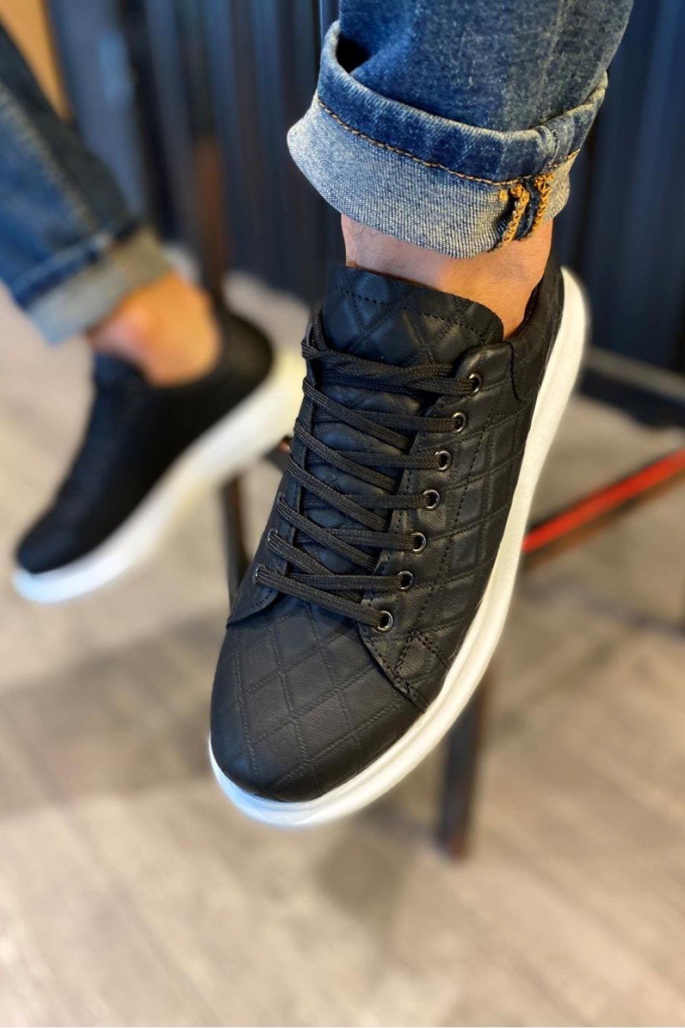 KN044 Erkek Günlük Bağcıklı Kapitone Desenli Cilt Spor Sneaker Ayakkabı CBT - Siyah – Knack Erkek Ayakkabı