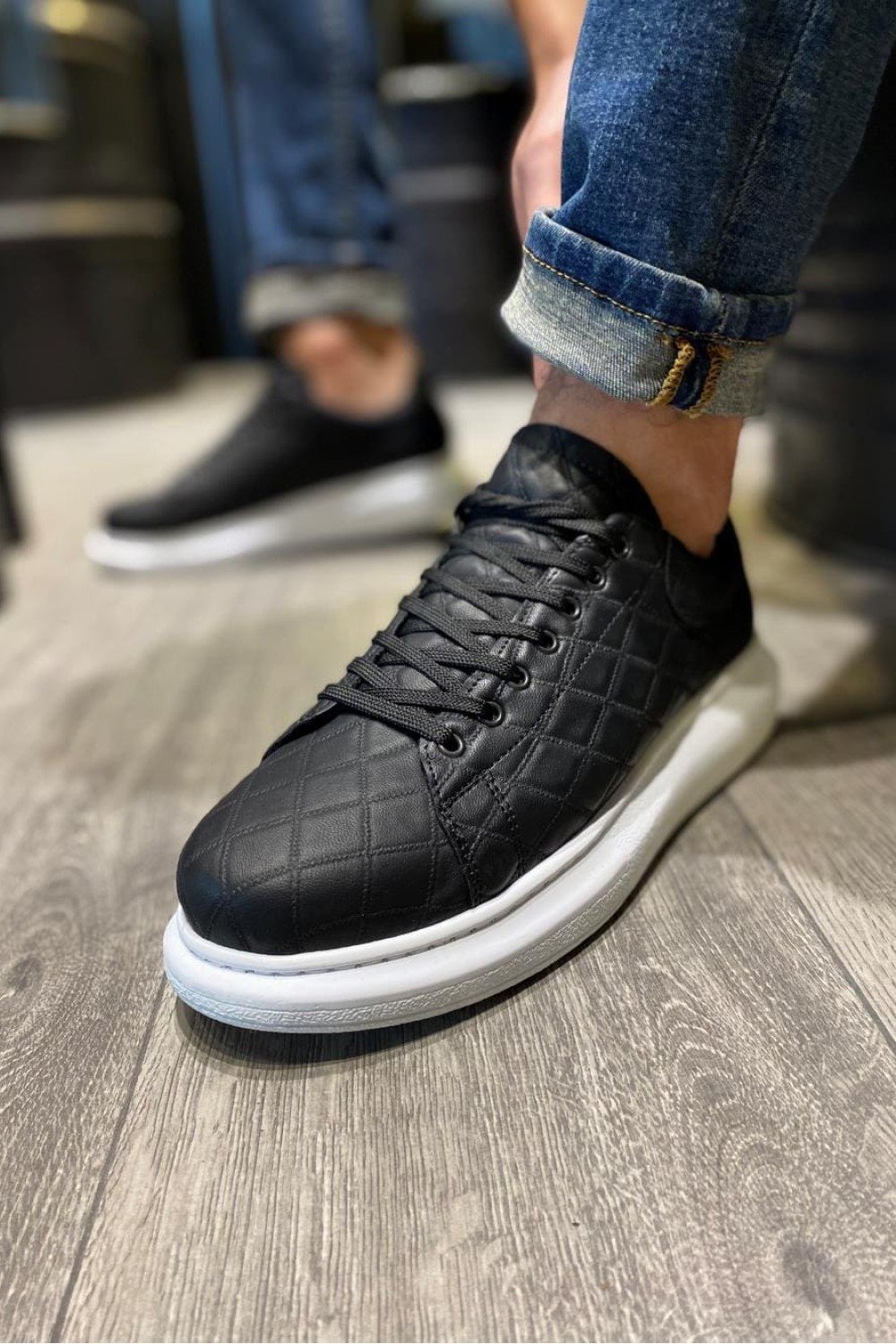 KN044 Erkek Günlük Bağcıklı Kapitone Desenli Cilt Spor Sneaker Ayakkabı CBT - Siyah – Knack Erkek Ayakkabı