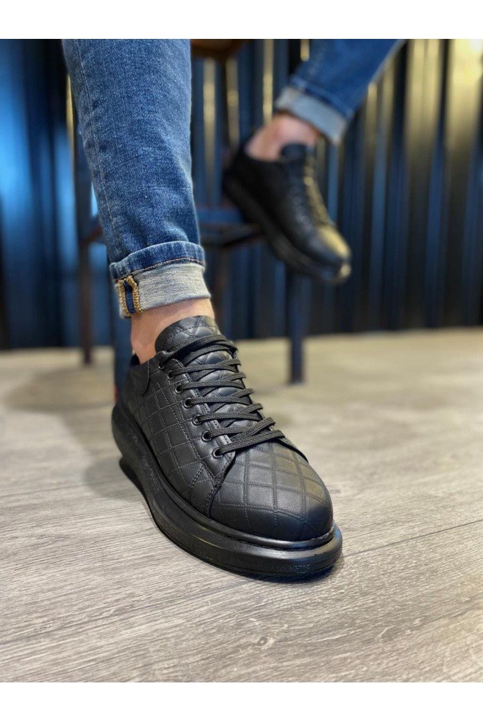KN044 Erkek Günlük Bağcıklı Kapitone Desenli Cilt Spor Sneaker Ayakkabı CST - Siyah