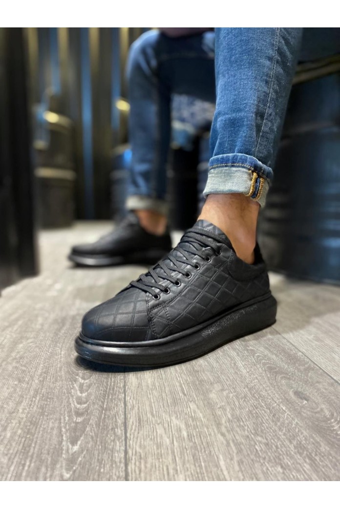 KN044 Erkek Günlük Bağcıklı Kapitone Desenli Cilt Spor Sneaker Ayakkabı CST - Siyah