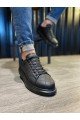 KN044 Erkek Günlük Bağcıklı Kapitone Desenli Cilt Spor Sneaker Ayakkabı CST - Siyah
