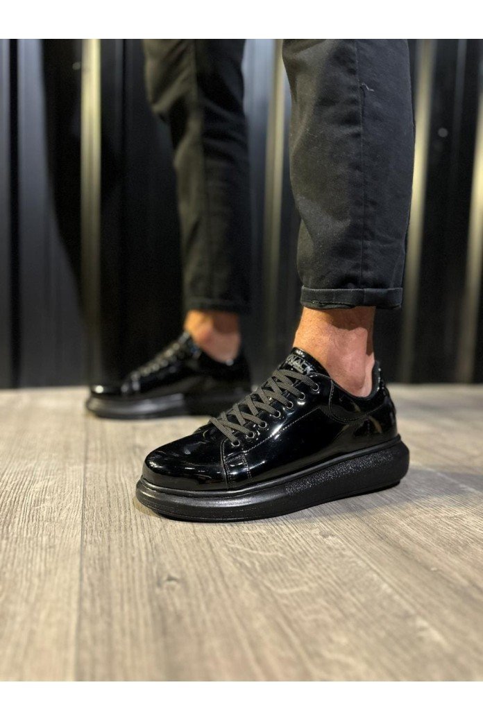 KN044 Erkek Günlük Bağcıklı Rugan Spor Sneaker Ayakkabı RST - Siyah