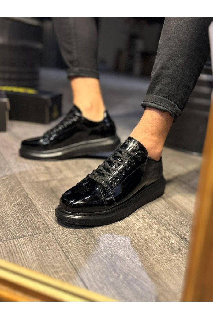KN044 Erkek Günlük Bağcıklı Rugan Spor Sneaker Ayakkabı RST - Siyah