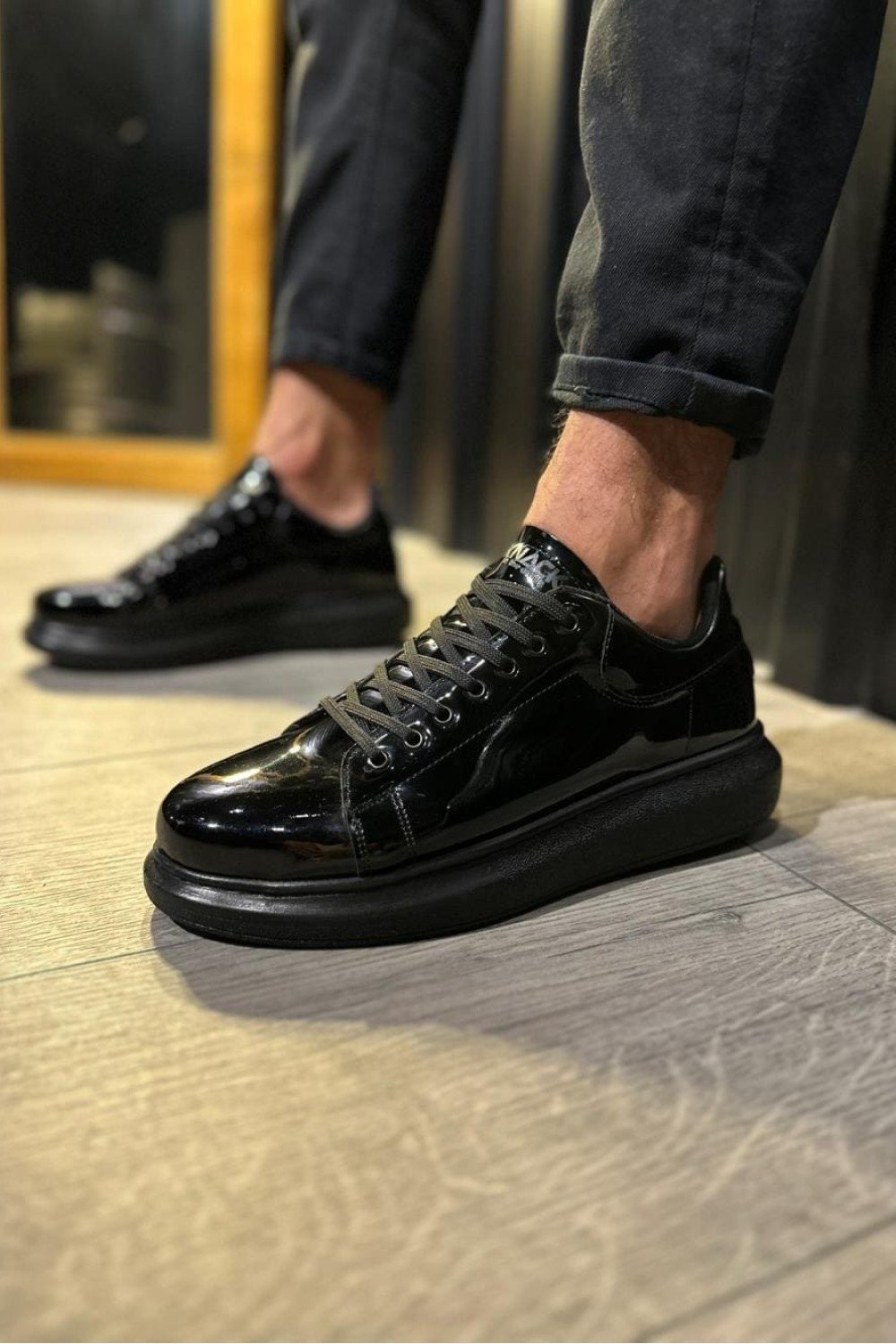 KN044 Erkek Günlük Bağcıklı Rugan Spor Sneaker Ayakkabı RST - Siyah – Knack Erkek Ayakkabı