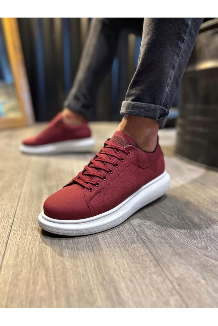 KN045 Erkek Günlük Bağcıklı Cilt Spor Sneaker Ayakkabı CBT - Bordo