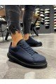 KN045 Erkek Günlük Bağcıklı Cilt Spor Sneaker Ayakkabı CST - Lacivert