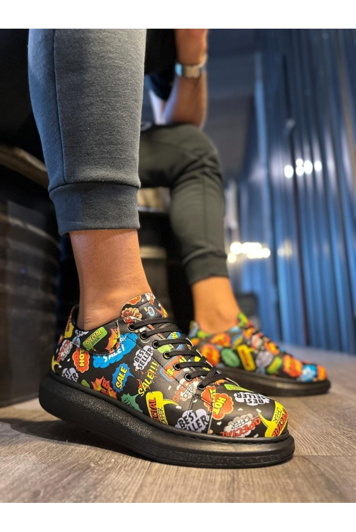 KN046 Erkek Günlük Bağcıklı Hot Baskılı Cilt Spor Sneaker Ayakkabı CST - Siyah