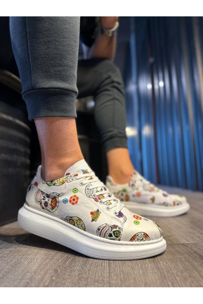 KN046 Erkek Günlük Bağcıklı Kurukafa Baskılı Cilt Spor Sneaker Ayakkabı CBT - Beyaz