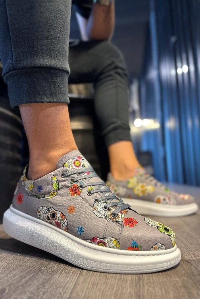 KN046 Erkek Günlük Bağcıklı Kurukafa Baskılı Cilt Spor Sneaker Ayakkabı CBT - Gri KN046 Erkek Günlük Bağcıklı Kurukafa Baskılı Cilt Spor Sneaker Ayakkabı CBT - Gri