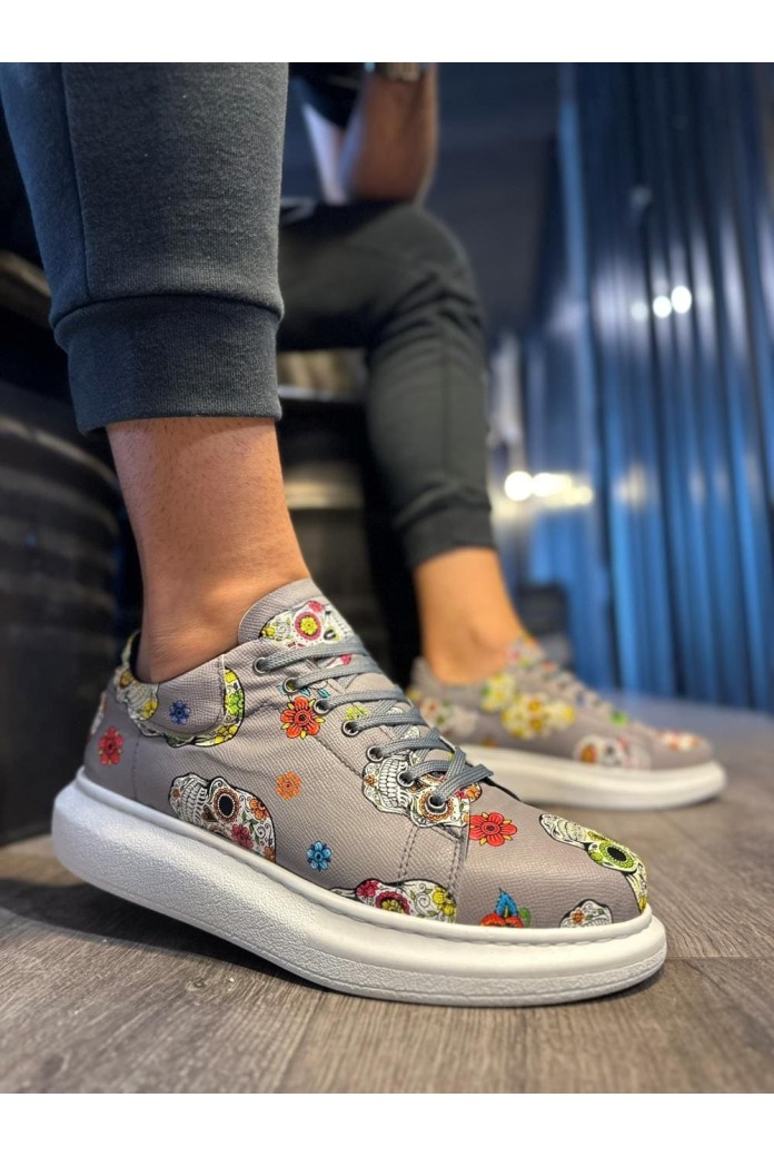 KN046 Erkek Günlük Bağcıklı Kurukafa Baskılı Cilt Spor Sneaker Ayakkabı CBT - Gri
