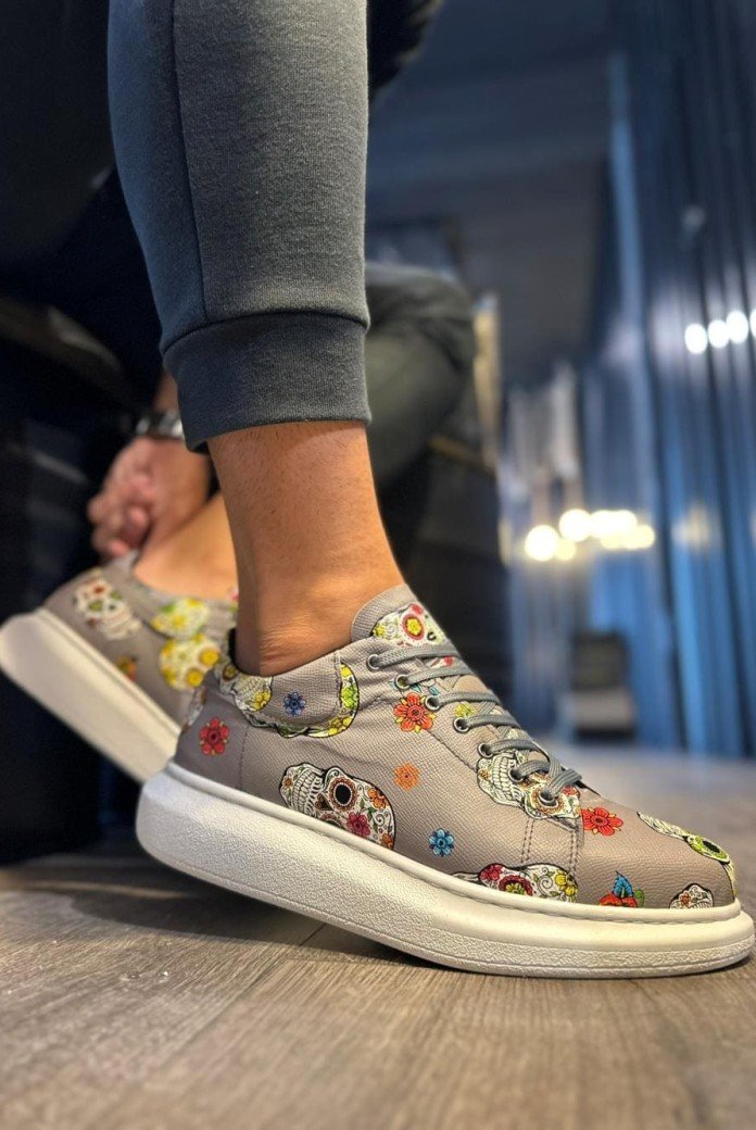 KN046 Erkek Günlük Bağcıklı Kurukafa Baskılı Cilt Spor Sneaker Ayakkabı CBT - Gri KN046 Erkek Günlük Bağcıklı Kurukafa Baskılı Cilt Spor Sneaker Ayakkabı CBT - Gri