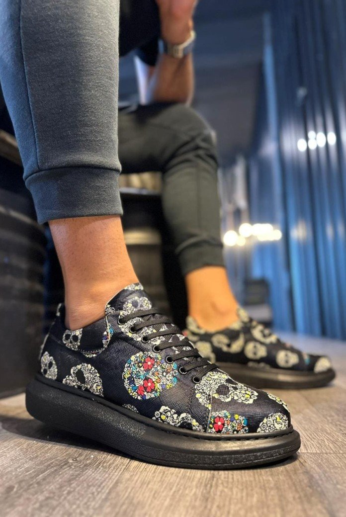 KN046 Erkek Günlük Bağcıklı Kurukafa Baskılı Cilt Spor Sneaker Ayakkabı CST - Siyah KN046 Erkek Günlük Bağcıklı Kurukafa Baskılı Cilt Spor Sneaker Ayakkabı CST - Siyah