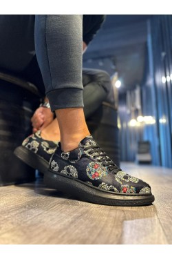 KN046 Erkek Günlük Bağcıklı Kurukafa Baskılı Cilt Spor Sneaker Ayakkabı CST - Siyah