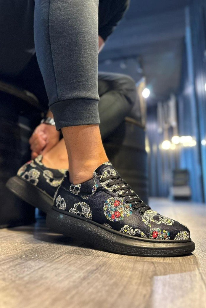 KN046 Erkek Günlük Bağcıklı Kurukafa Baskılı Cilt Spor Sneaker Ayakkabı CST - Siyah KN046 Erkek Günlük Bağcıklı Kurukafa Baskılı Cilt Spor Sneaker Ayakkabı CST - Siyah