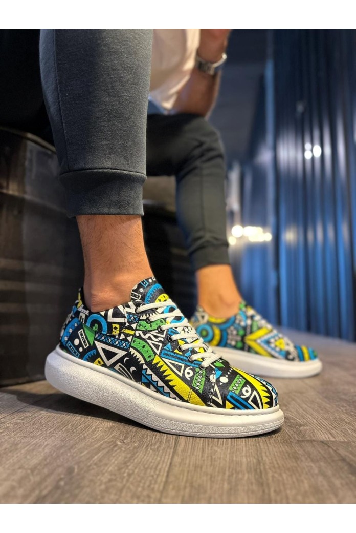 KN046 Erkek Günlük Bağcıklı Renkli Baskılı Cilt Spor Sneaker Ayakkabı CBT - Yeşil