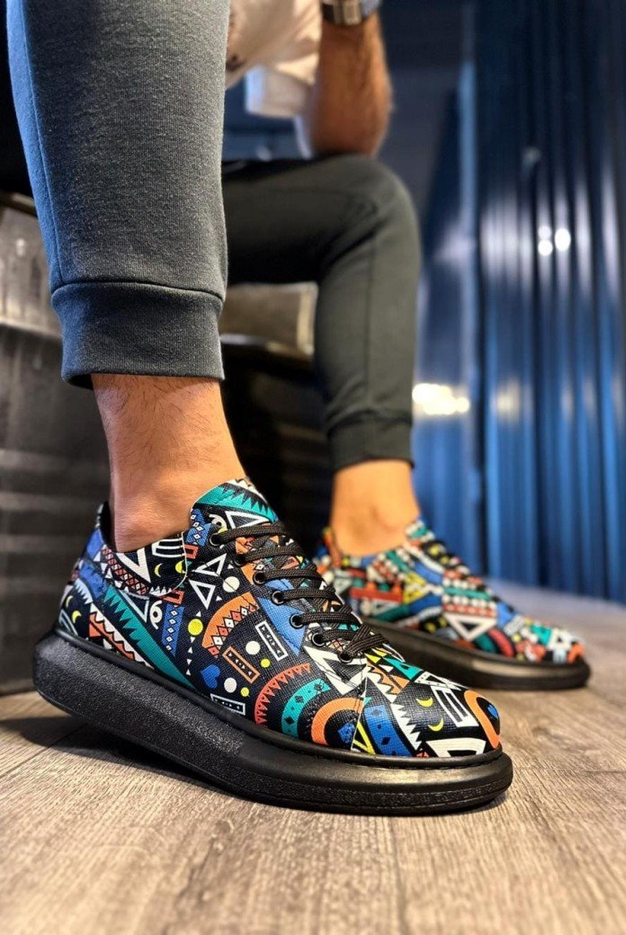 KN046 Erkek Günlük Bağcıklı Renkli Baskılı Cilt Spor Sneaker Ayakkabı CST - Siyah KN046 Erkek Günlük Bağcıklı Renkli Baskılı Cilt Spor Sneaker Ayakkabı CST - Siyah