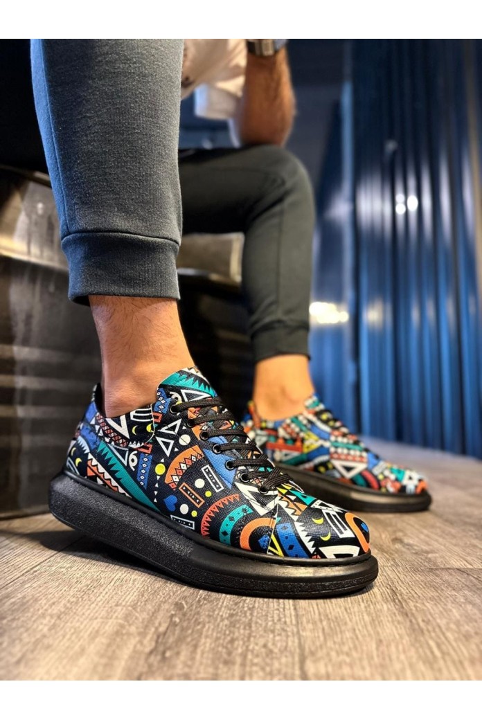 KN046 Erkek Günlük Bağcıklı Renkli Baskılı Cilt Spor Sneaker Ayakkabı CST - Siyah