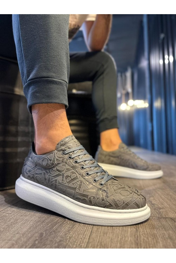 KN047 Erkek Günlük Bağcıklı Harf Desenli Cilt Spor Sneaker Ayakkabı CBT - Gri