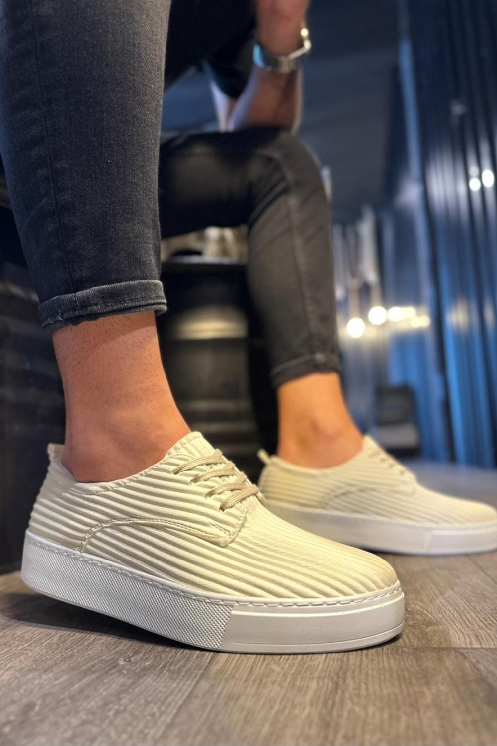 KN076 Erkek Günlük Bağcıklı Fitilli Desenli Cilt Spor Sneaker Ayakkabı CBT - Beyaz – Knack Erkek Ayakkabı