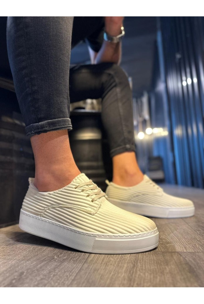 KN076 Erkek Günlük Bağcıklı Fitilli Desenli Cilt Spor Sneaker Ayakkabı CBT - Beyaz