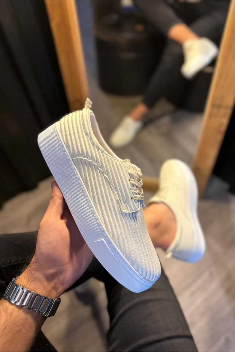 KN076 Erkek Günlük Bağcıklı Fitilli Desenli Cilt Spor Sneaker Ayakkabı CBT - Beyaz – Knack Erkek Ayakkabı