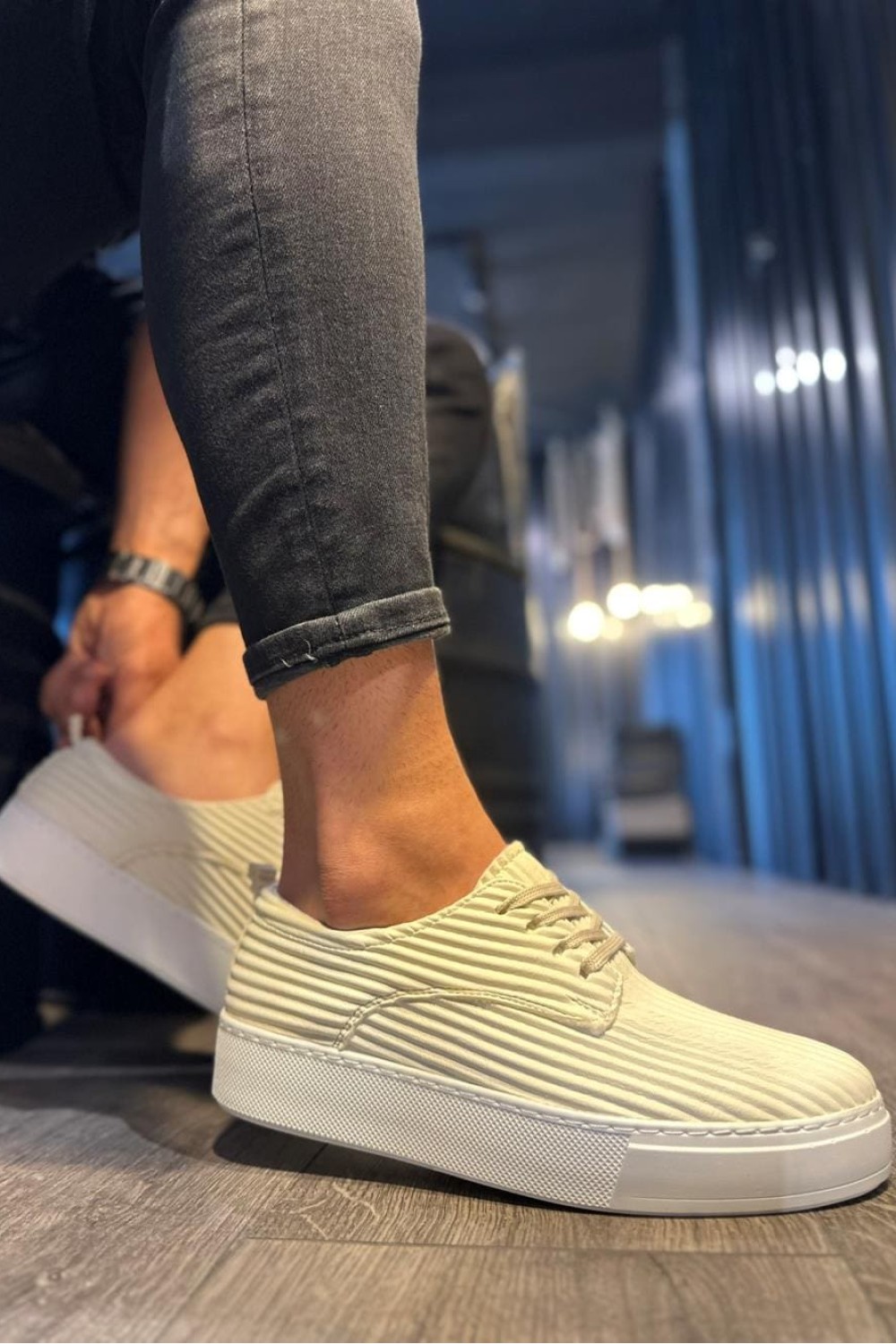 KN076 Erkek Günlük Bağcıklı Fitilli Desenli Cilt Spor Sneaker Ayakkabı CBT - Beyaz – Knack Erkek Ayakkabı