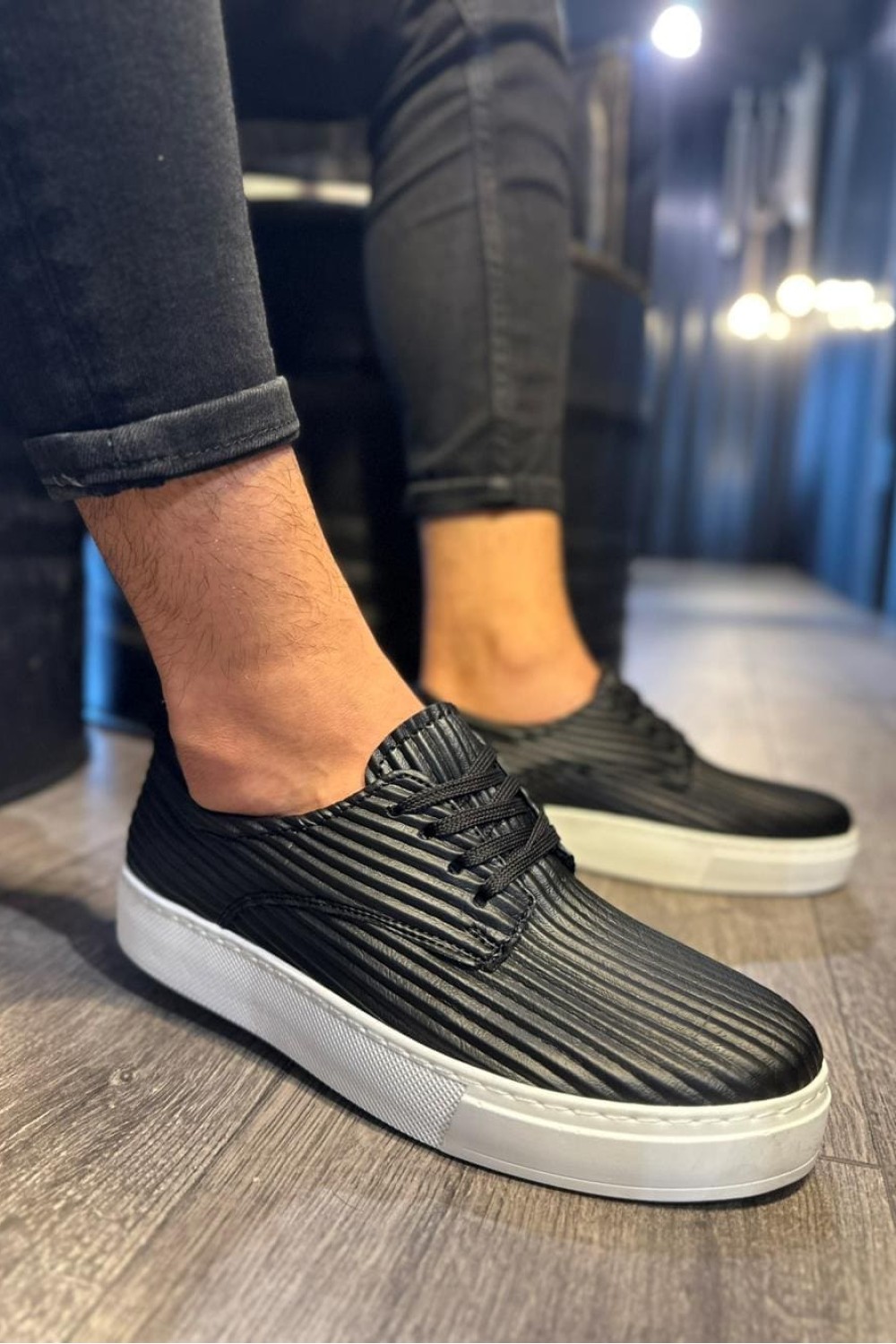 KN076 Erkek Günlük Bağcıklı Fitilli Desenli Cilt Spor Sneaker Ayakkabı CBT - Siyah – Knack Erkek Ayakkabı