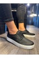 KN076 Erkek Günlük Bağcıklı Fitilli Desenli Cilt Spor Sneaker Ayakkabı CBT - Siyah