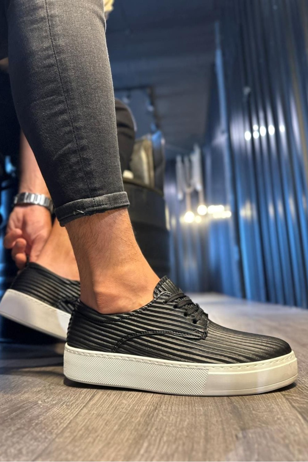 KN076 Erkek Günlük Bağcıklı Fitilli Desenli Cilt Spor Sneaker Ayakkabı CBT - Siyah – Knack Erkek Ayakkabı