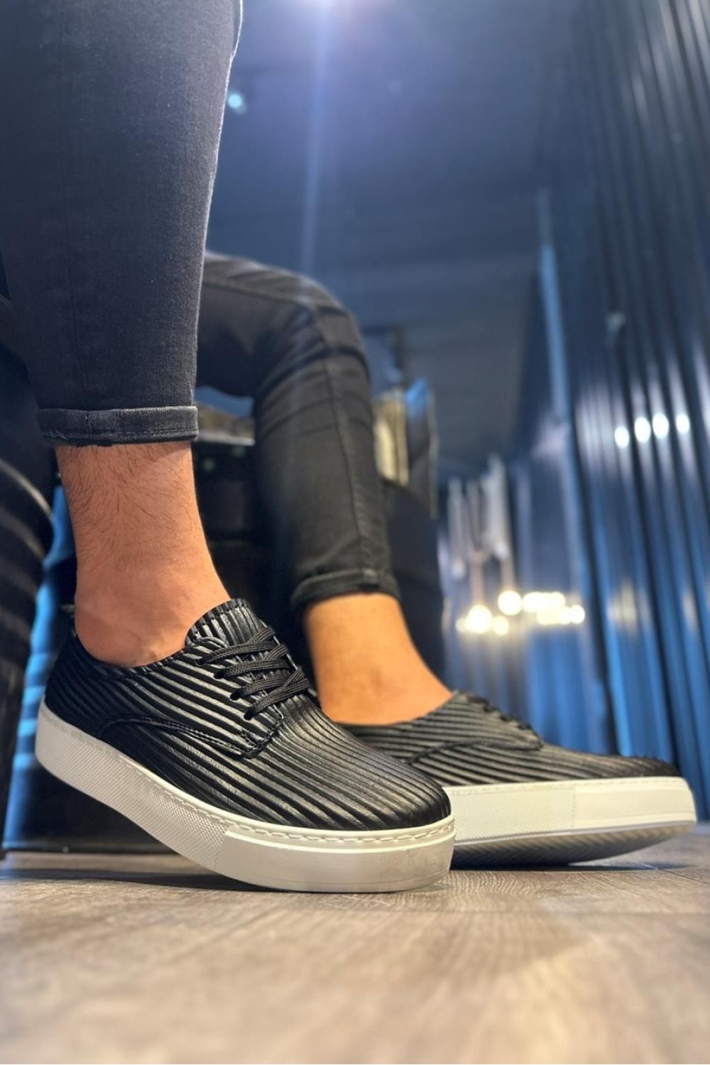 KN076 Erkek Günlük Bağcıklı Fitilli Desenli Cilt Spor Sneaker Ayakkabı CBT - Siyah – Knack Erkek Ayakkabı