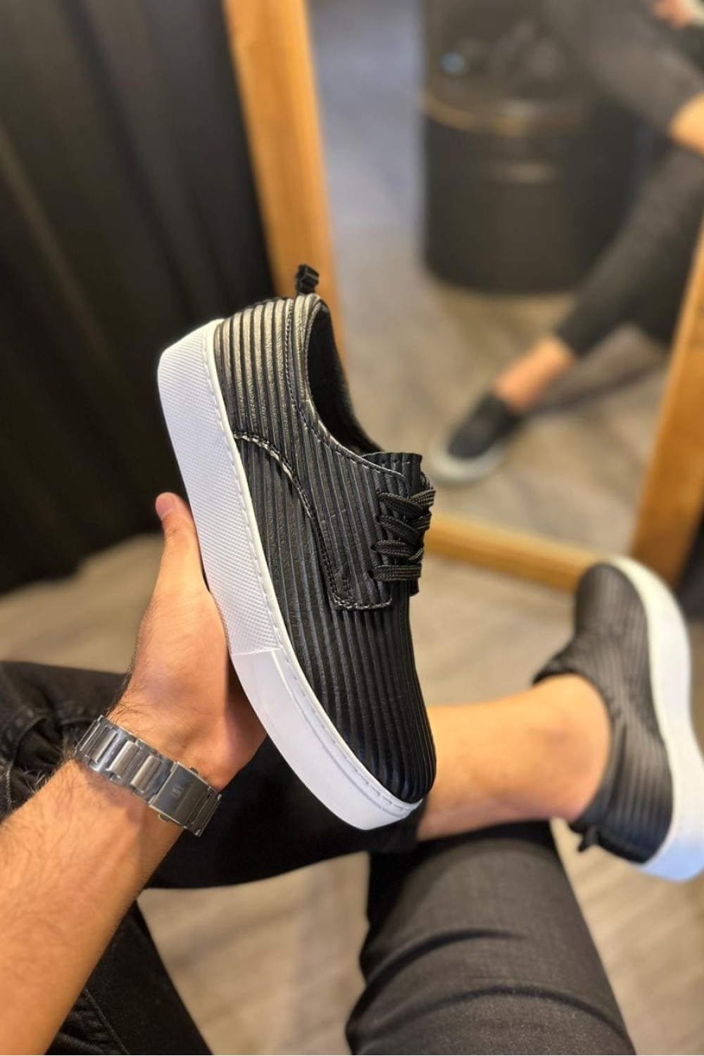 KN076 Erkek Günlük Bağcıklı Fitilli Desenli Cilt Spor Sneaker Ayakkabı CBT - Siyah – Knack Erkek Ayakkabı