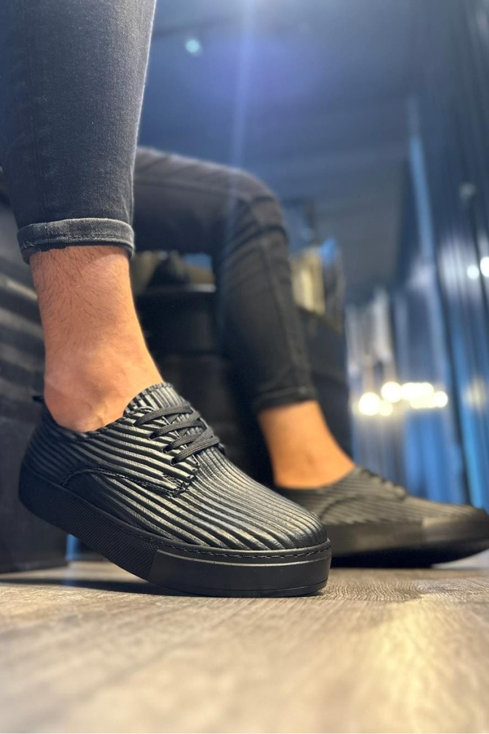 KN076 Erkek Günlük Bağcıklı Fitilli Desenli Cilt Spor Sneaker Ayakkabı CST - Siyah – Knack Erkek Ayakkabı