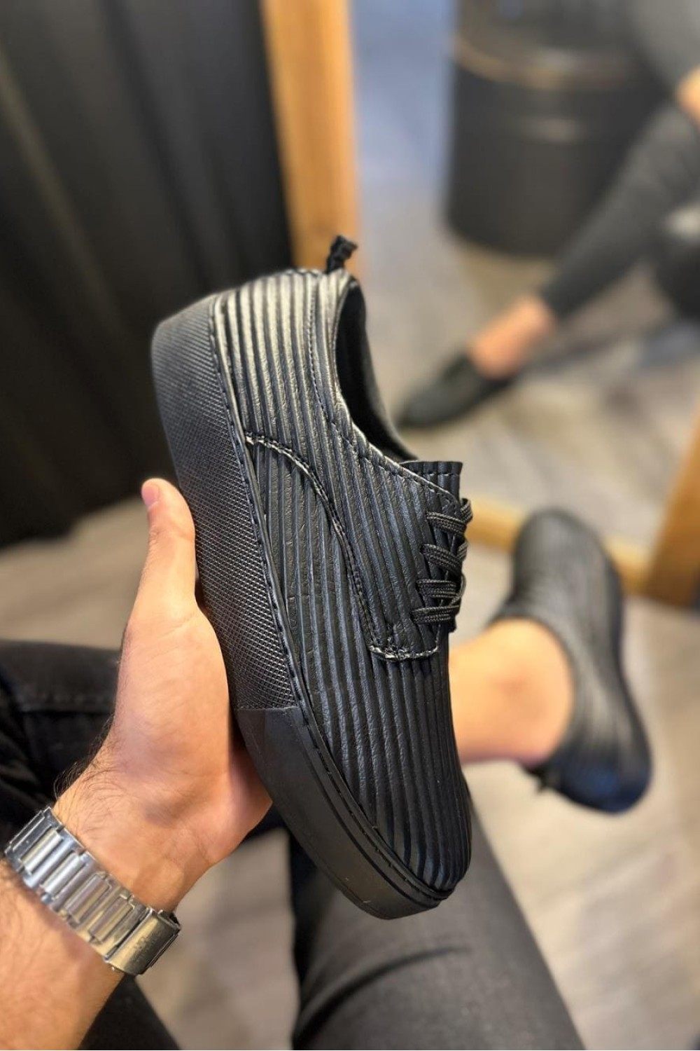 KN076 Erkek Günlük Bağcıklı Fitilli Desenli Cilt Spor Sneaker Ayakkabı CST - Siyah – Knack Erkek Ayakkabı