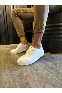 KN077 Erkek Günlük Bağcıklı Cilt Spor Sneaker Ayakkabı CBT - Beyaz