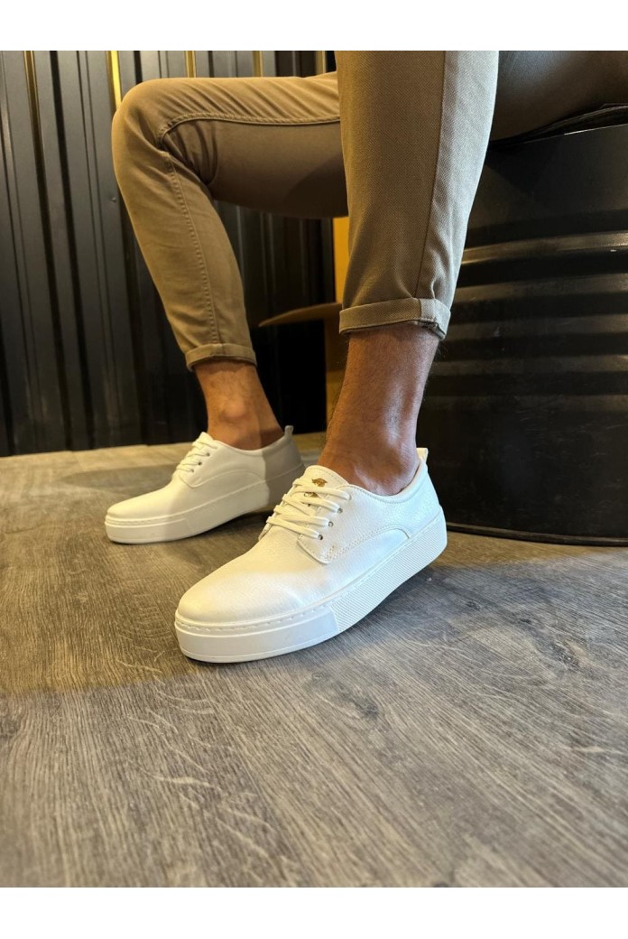KN077 Erkek Günlük Bağcıklı Cilt Spor Sneaker Ayakkabı CBT - Beyaz