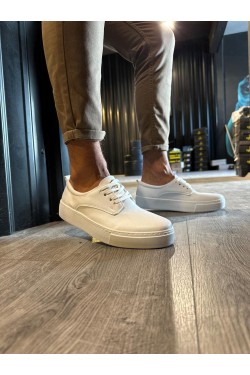 KN077 Erkek Günlük Bağcıklı Cilt Spor Sneaker Ayakkabı CBT - Beyaz