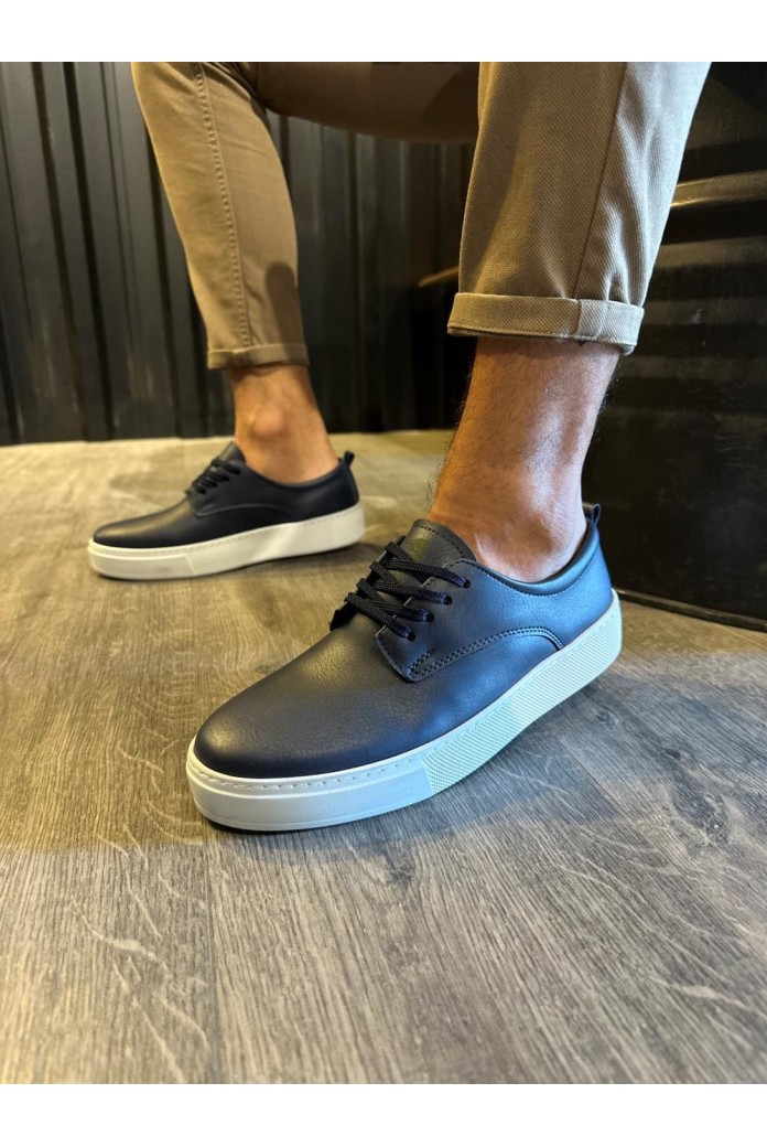 KN077 Erkek Günlük Bağcıklı Cilt Spor Sneaker Ayakkabı CBT - Lacivert