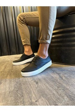 KN077 Erkek Günlük Bağcıklı Cilt Spor Sneaker Ayakkabı CBT - Siyah