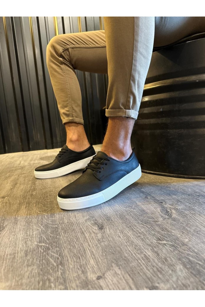 KN077 Erkek Günlük Bağcıklı Cilt Spor Sneaker Ayakkabı CBT - Siyah