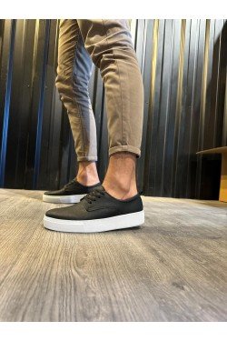 KN077 Erkek Günlük Bağcıklı Cilt Spor Sneaker Ayakkabı CBT - Siyah