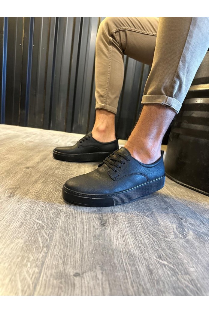 KN077 Erkek Günlük Bağcıklı Cilt Spor Sneaker Ayakkabı CST - Siyah