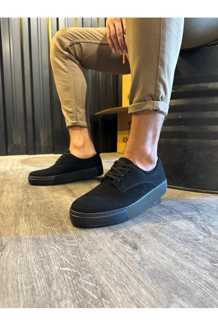KN077 Erkek Günlük Bağcıklı Süet Spor Sneaker Ayakkabı SST - Siyah