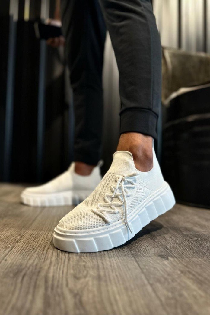 KN1025 Erkek Günlük Bağcıklı Triko Spor Sneaker Ayakkabı TBT - Beyaz