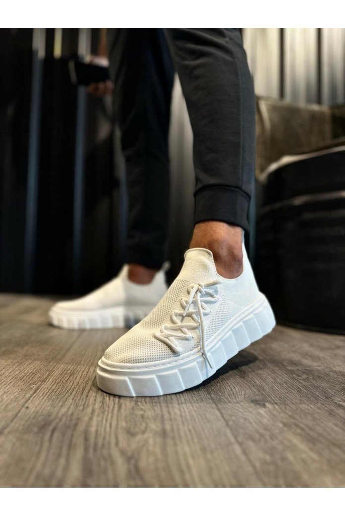 KN1025 Erkek Günlük Bağcıklı Triko Spor Sneaker Ayakkabı TBT - Beyaz