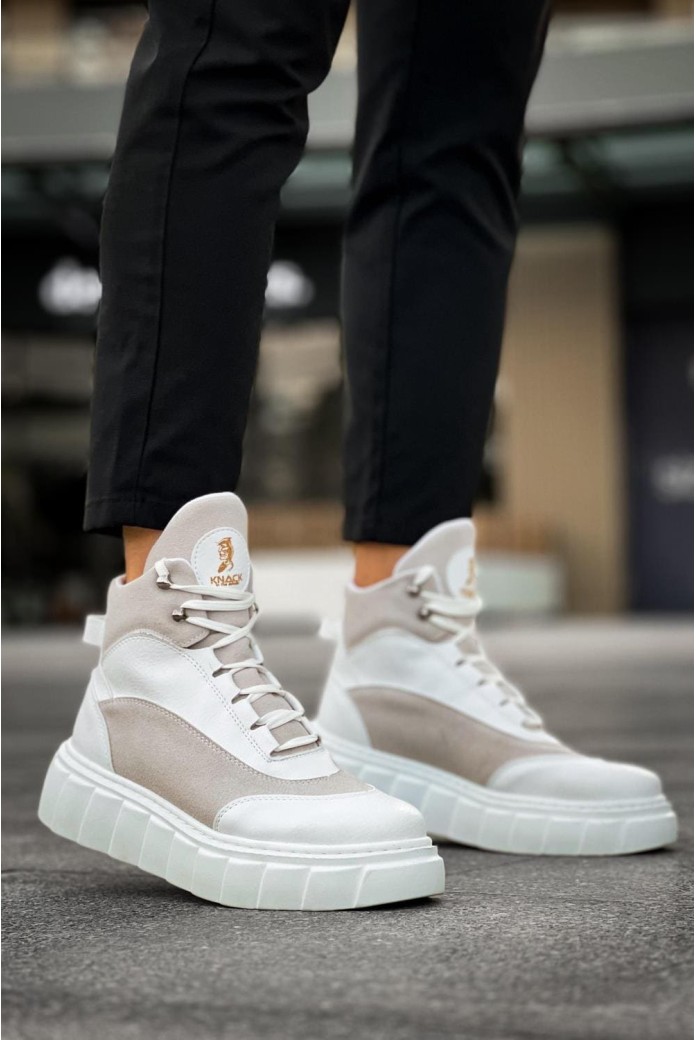 KN104 Erkek Spor Günlük Bağcıklı Cilt Süet Bot CSBT - Beyaz